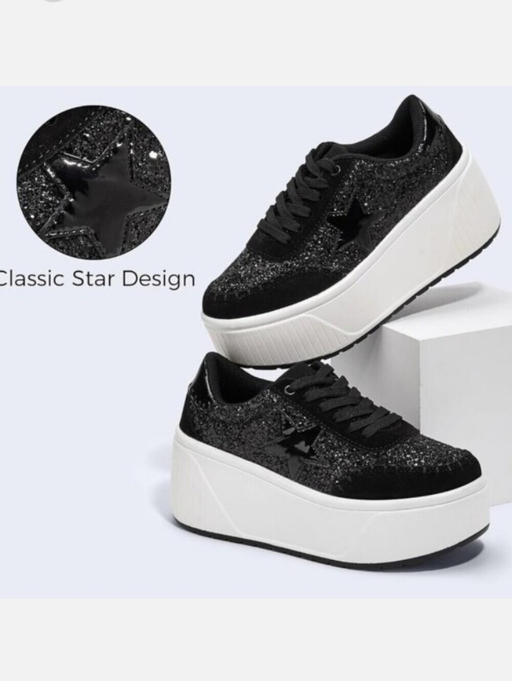 Lucky Step Black Glitter Platform Sneakers for Women - Picture 4 of 13